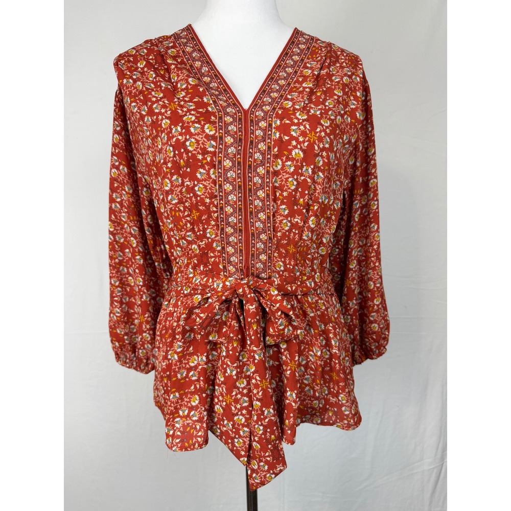Max Studio Floral Smocked Tie Blouse Women's Size M Rust Orange Tie Waist Boho